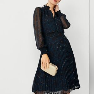 ANN TAYLOR NWT Floral Ruffle Pleated Flare Dress with Metallic Accents